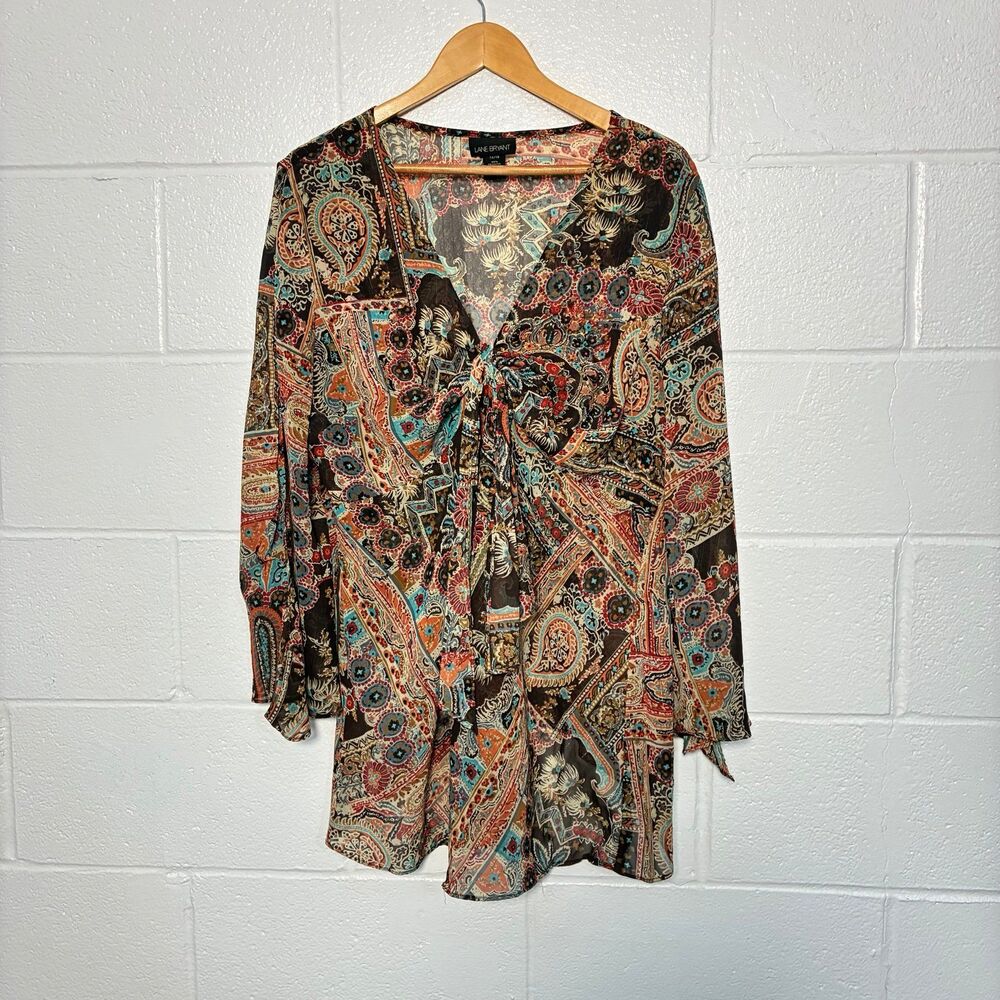 Lane Bryant floral paisley Y2K split sleeve tie chest top
